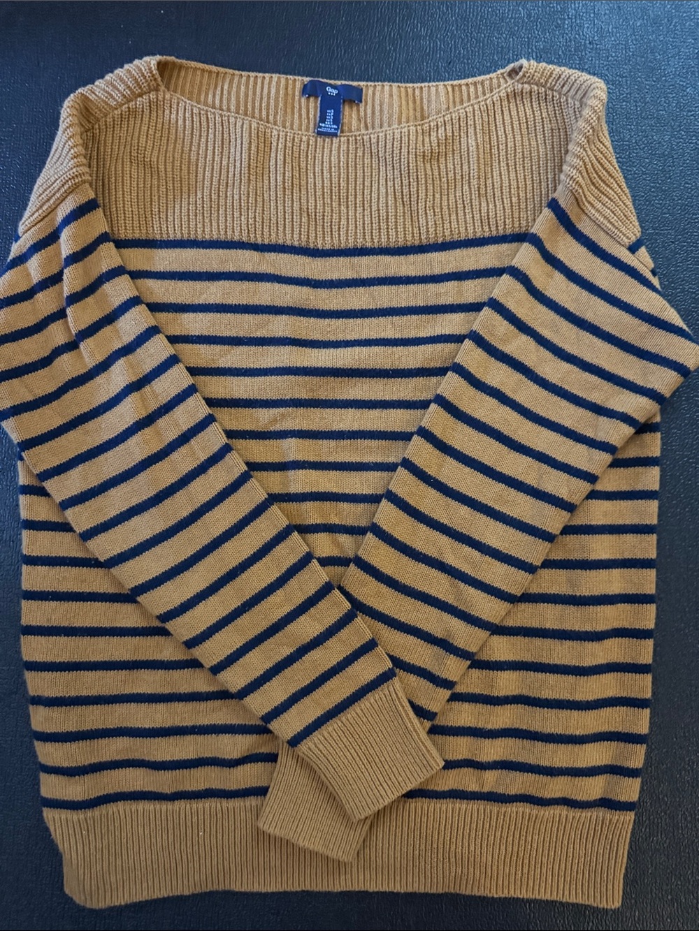 GAP Women's Camel and Navy Striped Crewneck Sweater